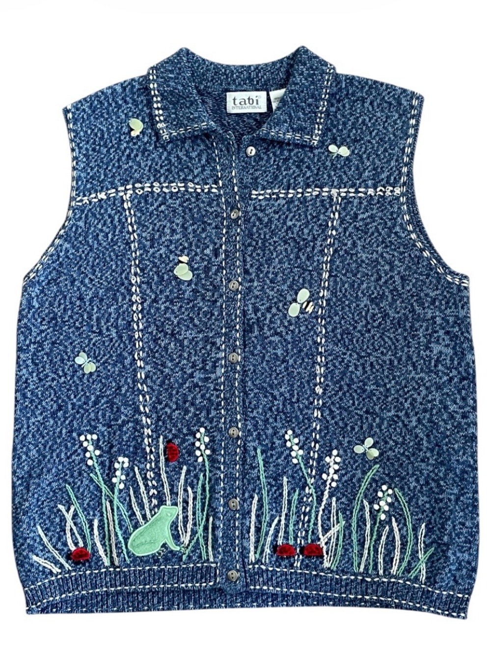 Vintage Tabi Frog Sweater Vest L Cotton 80s 90s Grandma Novelty Embroidered